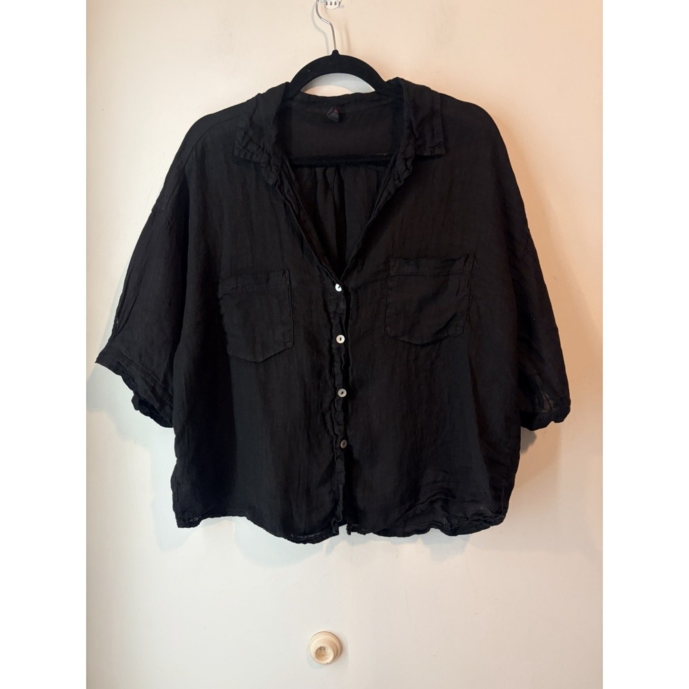 Inizio Made in Italy Black 100% Linen Button Front Oversized Blouse Top Medium